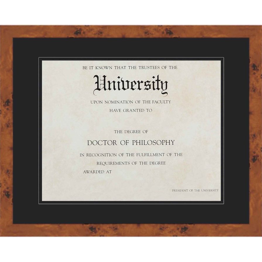 Burl Wood Diploma Frame with Black on Black Double Mat