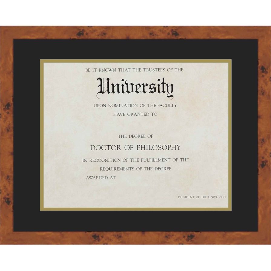 Burl Wood Diploma Frame with Black on Gold Double Mat