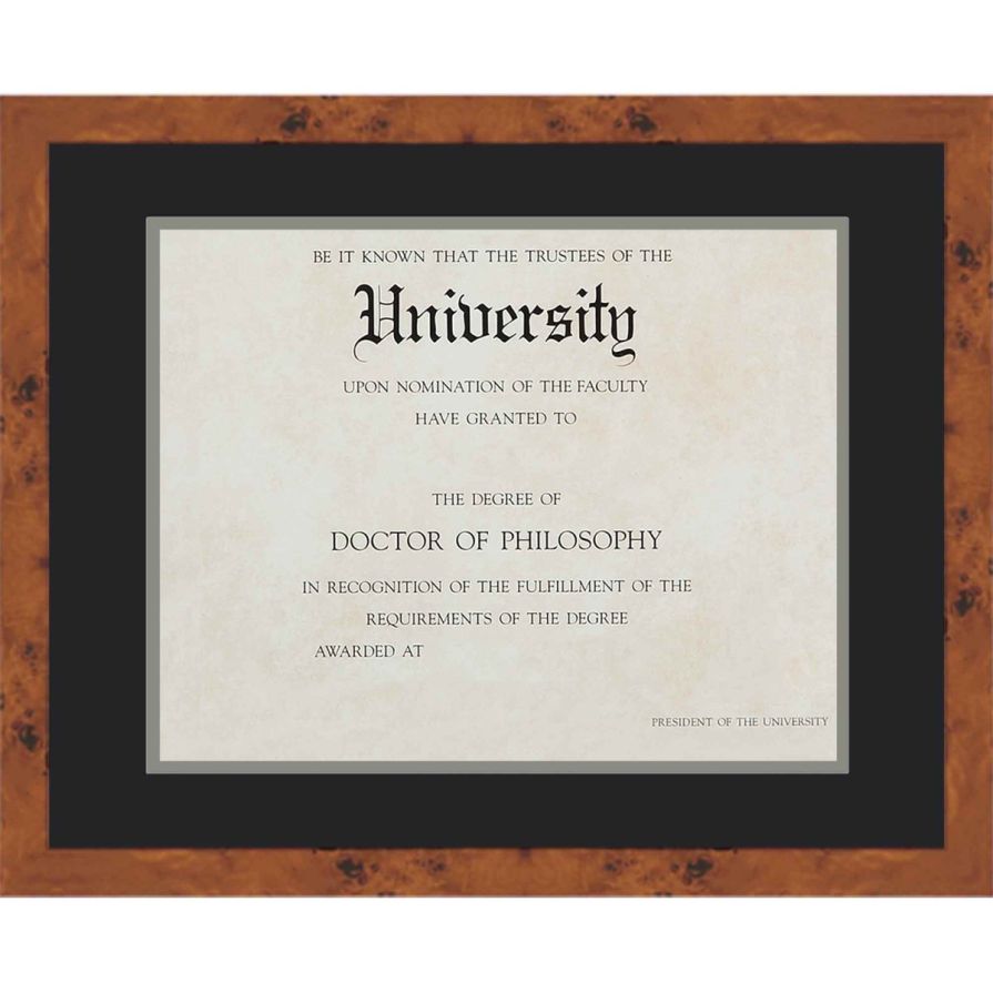 Burl Wood Diploma Frame with Black on Silver Double Mat