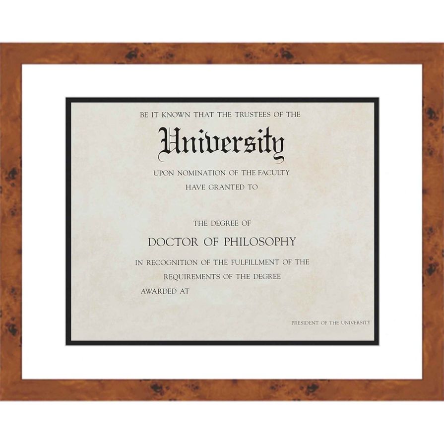 Burl Wood Diploma Frame with White on Black Double Mat